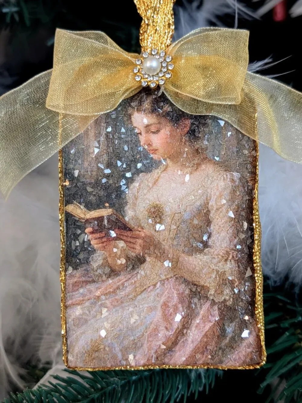 Handmade Victorian Lady w/Book Decoupage Glass Glitter Christmas Tree Ornament